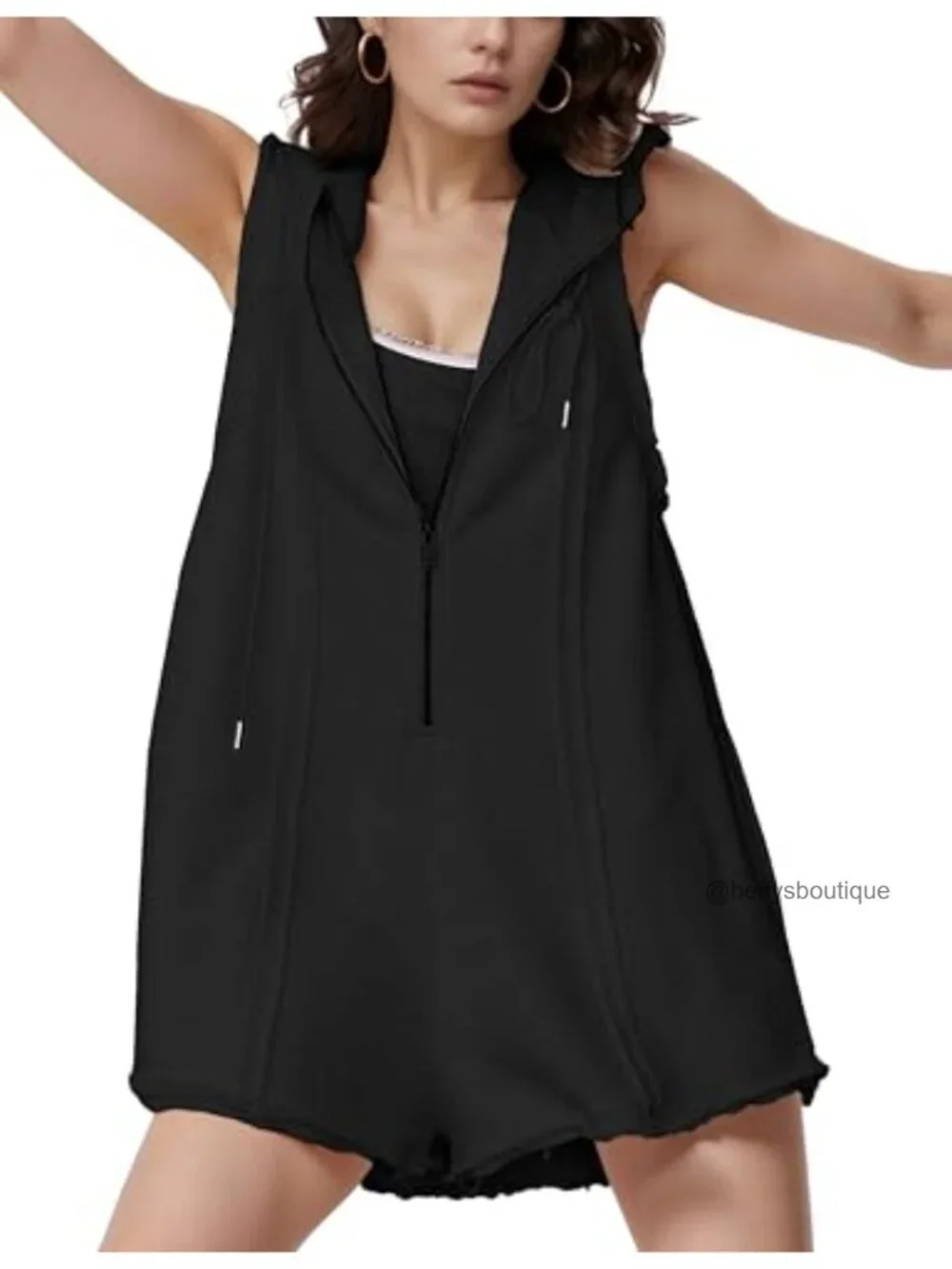 Womens Casual Zip Front Romper Side Pockets Hooded